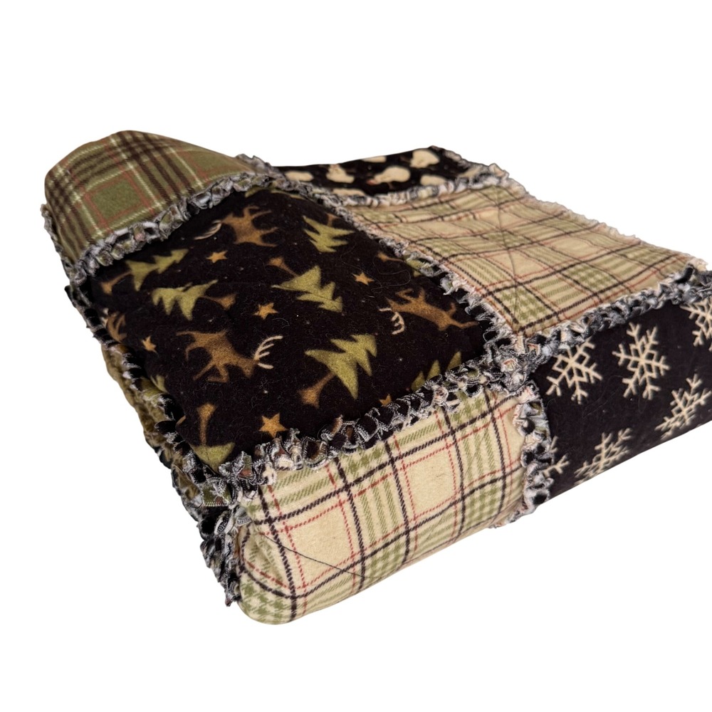 Handmade Winter Rag Quilt Patchwork Throw Blanket Snowman Reindeer Plaid 48x55 - Picture 2 of 8